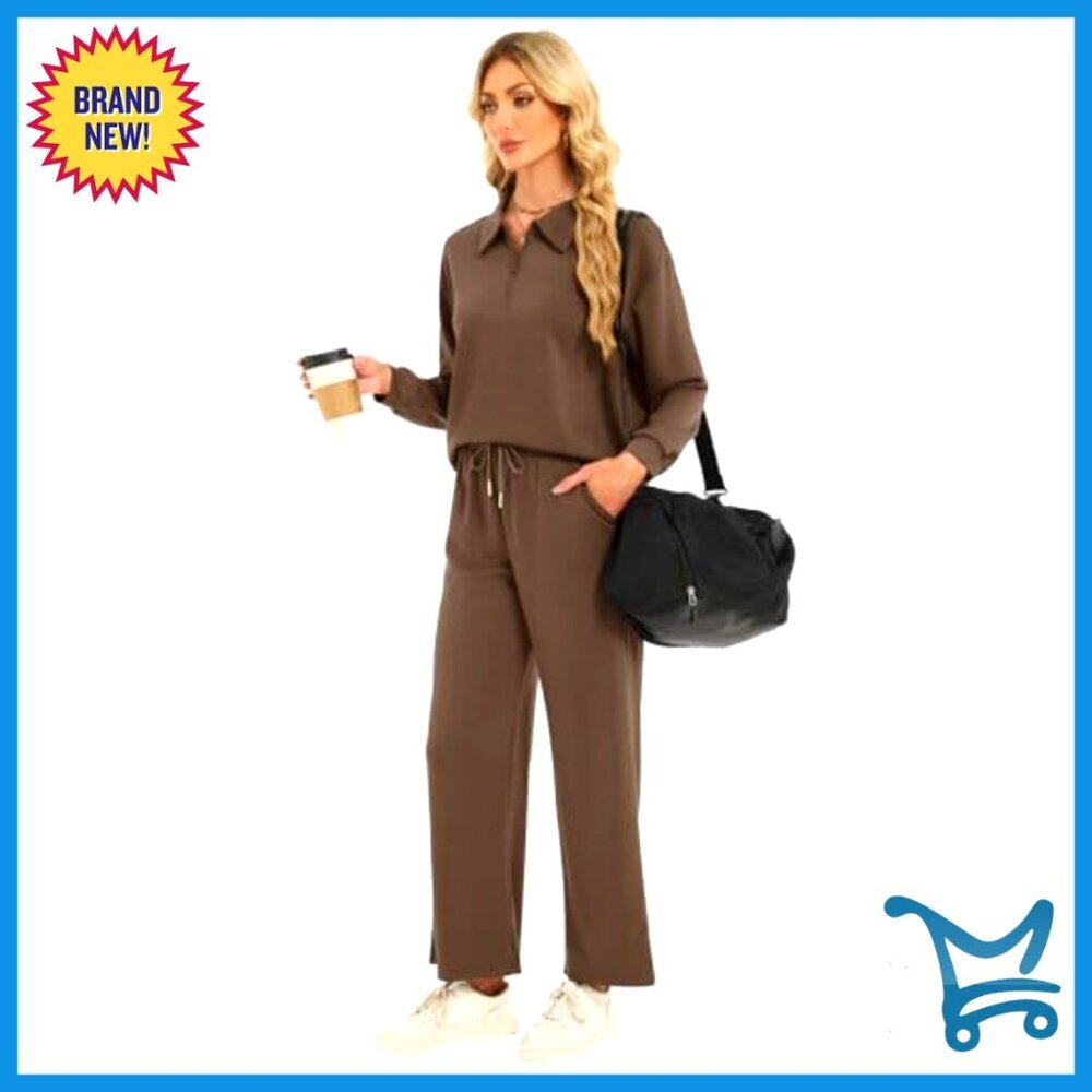 2-Piece Lounge Set Zip-Up Top Wide Leg Pants Travel Casual Outfit - Picture 3 of 7